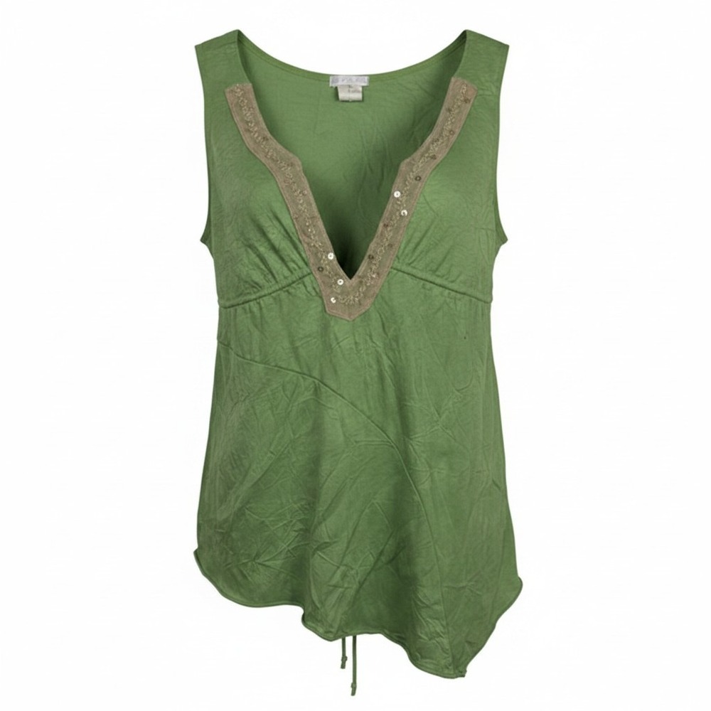 Lux Vintage‎ Y2K Lux Babydoll Asymmetric Top Gold Sequin Neckline Green Small